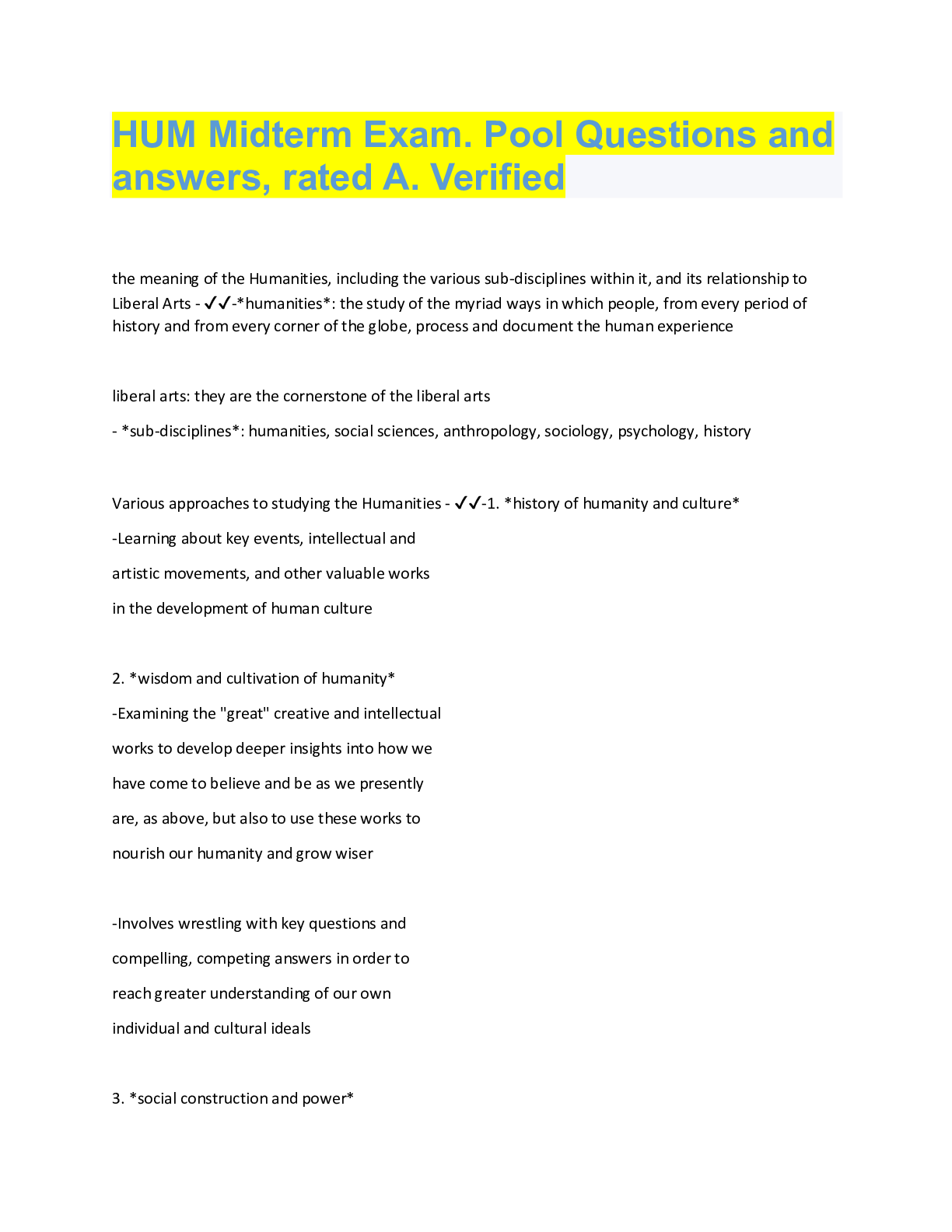 Preview image for HUM Midterm Exam. Pool Questions and  answers, rated A. Verified